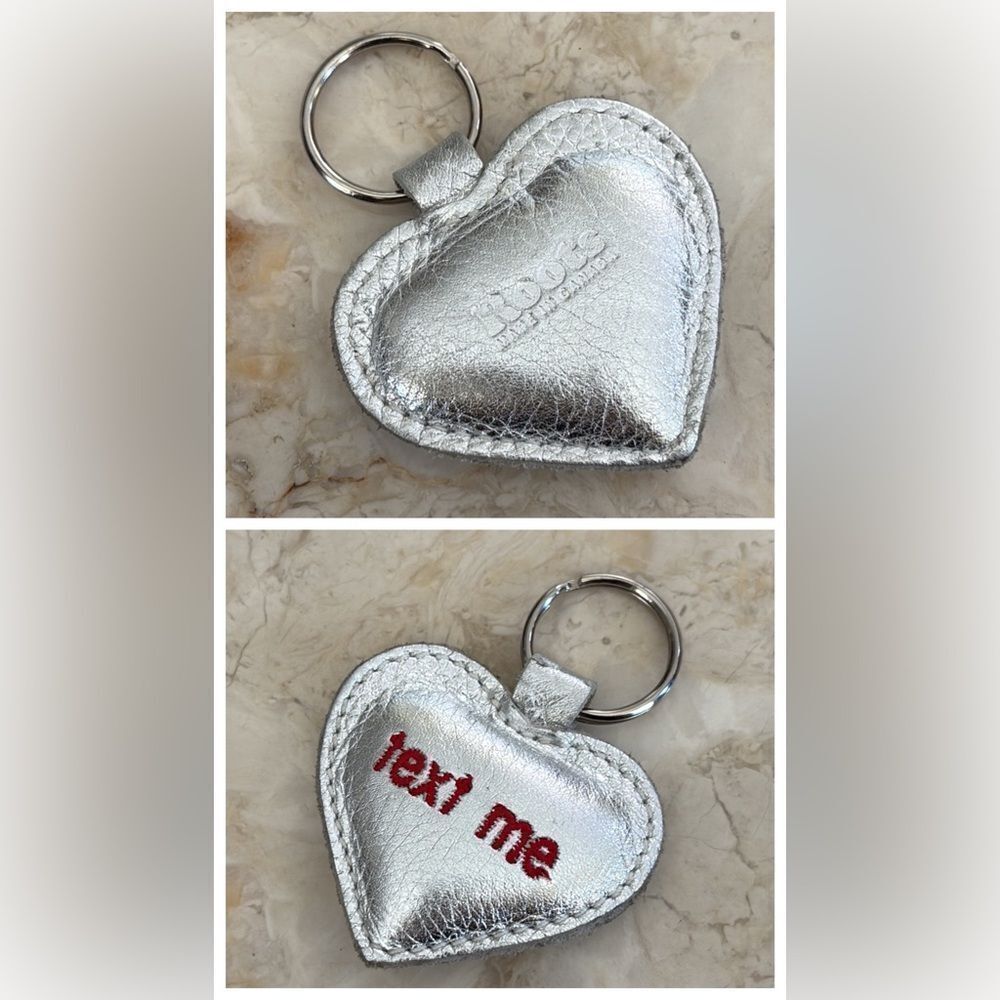 Roots Leather Heart Shaped Keychain “Text Me” Silver